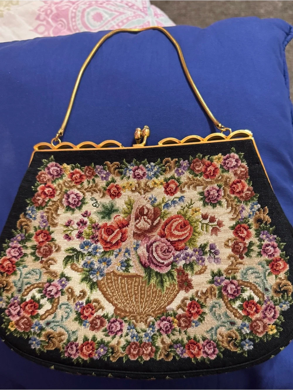 Vintage Needlepoint Floral  Purse Chain Mother of Pearl Detailed